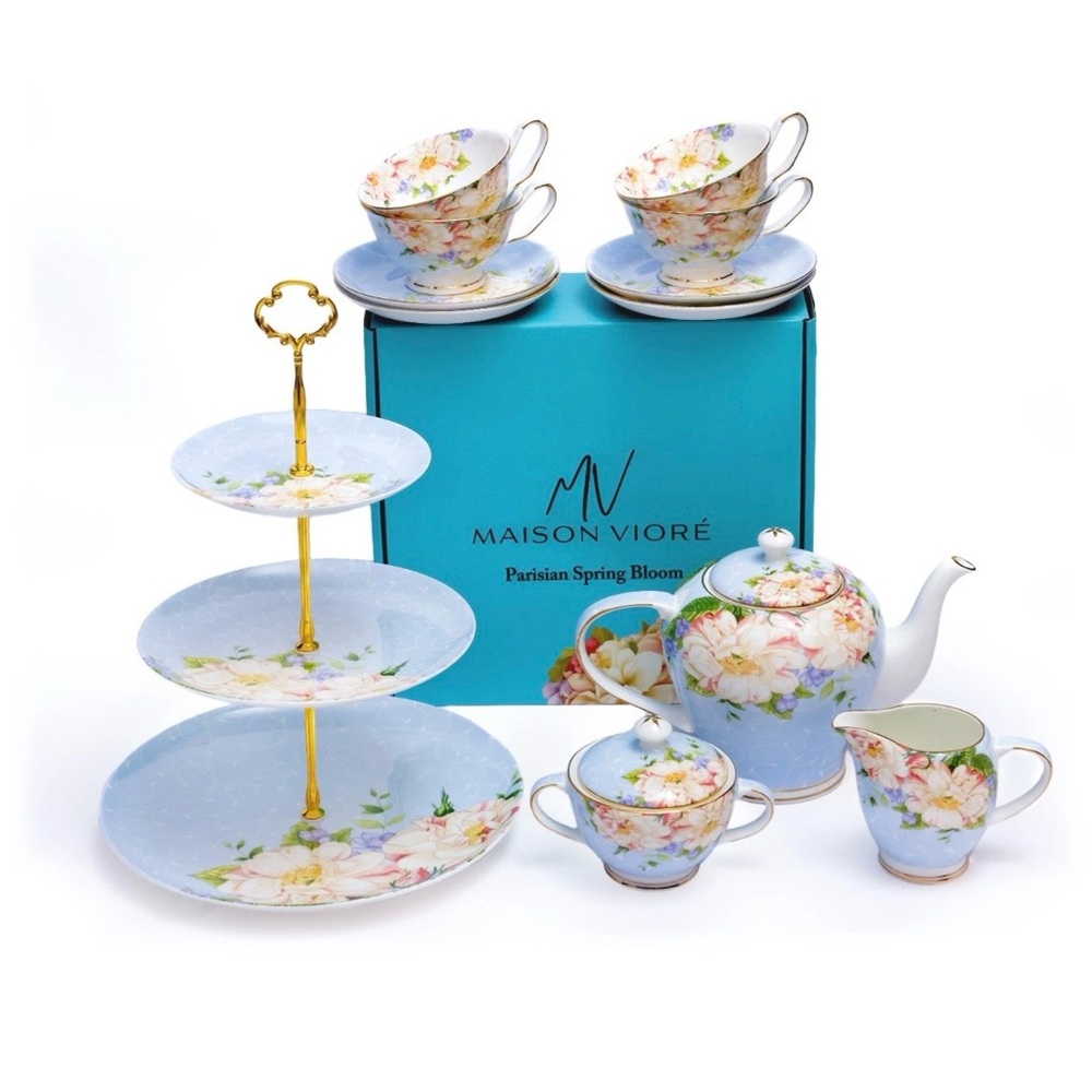 Maison Vioré Parisian Spring Bloom 3-Tier Tea Set - Blue Floral